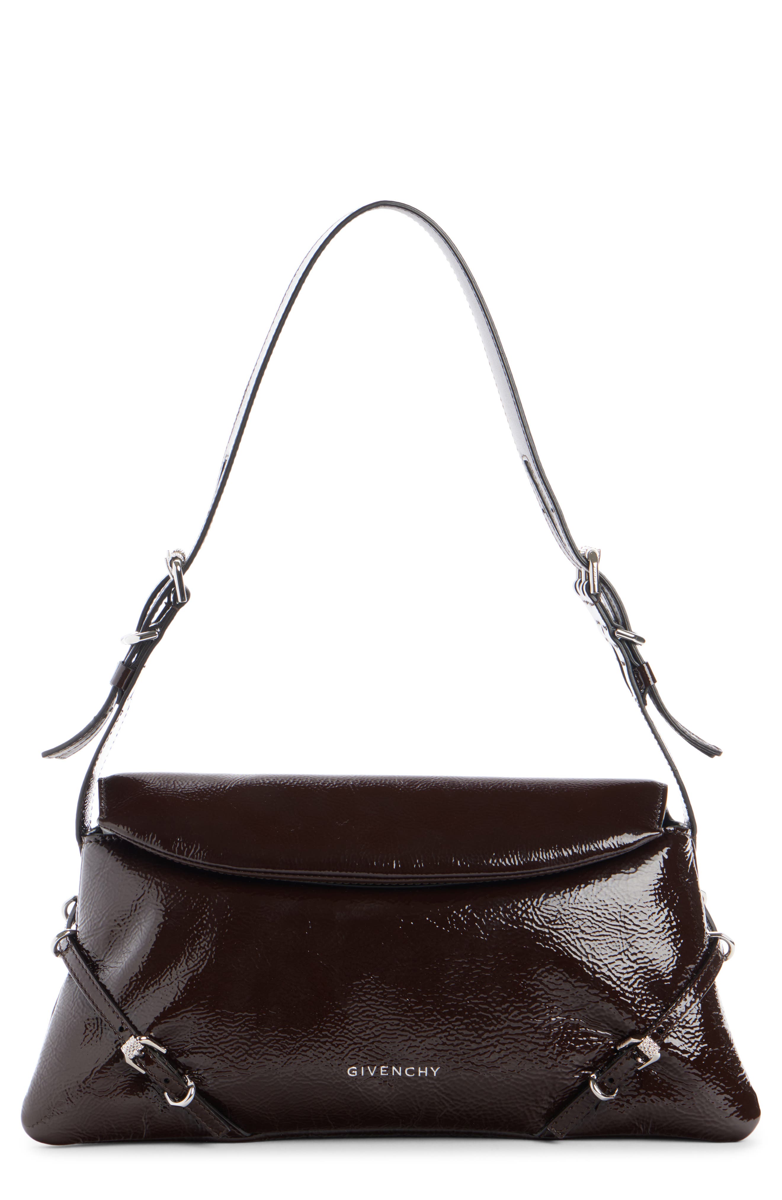 Small Voyou Patent Leather Shoulder Bag, Main, color, EBONY BROWN