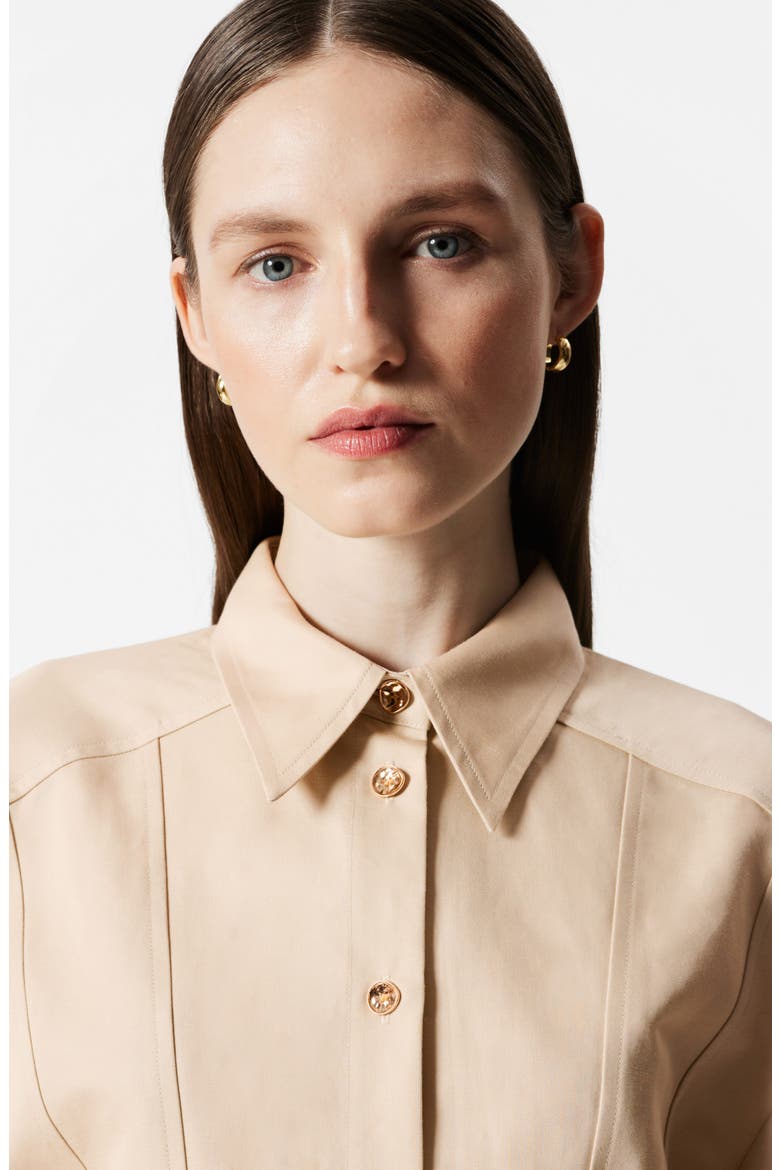 Tapered Waist Cotton & Linen Blend Button-Up Shirt, Alternate, color, BEIGE DUSTY LIGHT