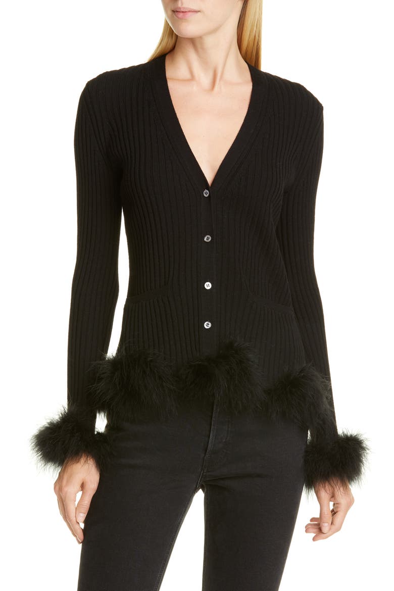 Rib Wool Cardigan with Feather Trim, Main, color, BLACK