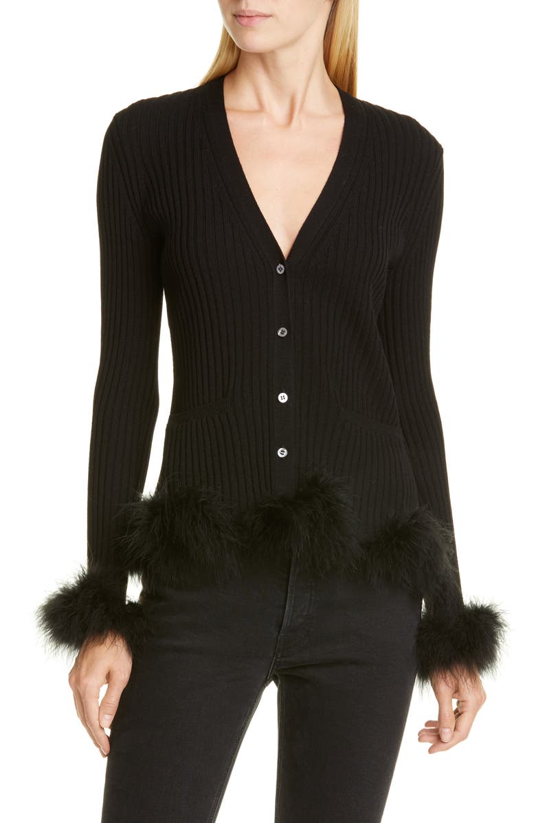Opening Ceremony Rib Wool Cardigan with Feather Trim, Main, color, 