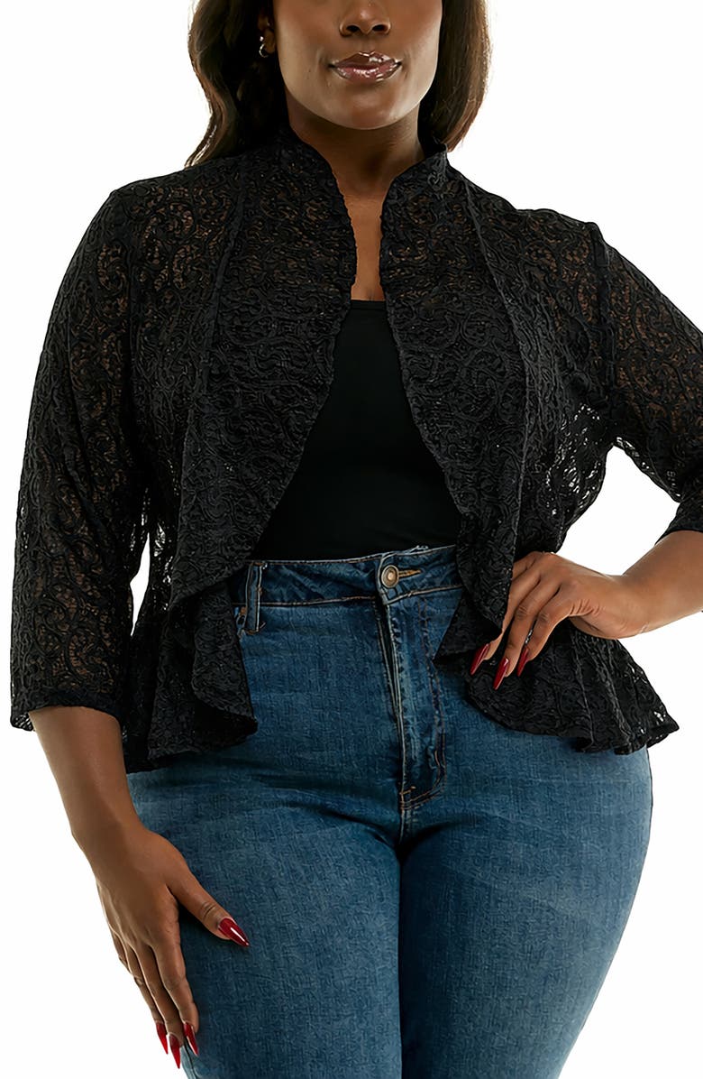 Nina Leonard Ruffle Lace Three-Quarter Sleeve Bolero, Main, color, Black