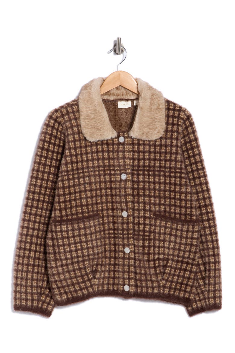 Plaid Knit Faux Fur Collar Jacket, Main, color, ELK PLAID AS SAMPLE