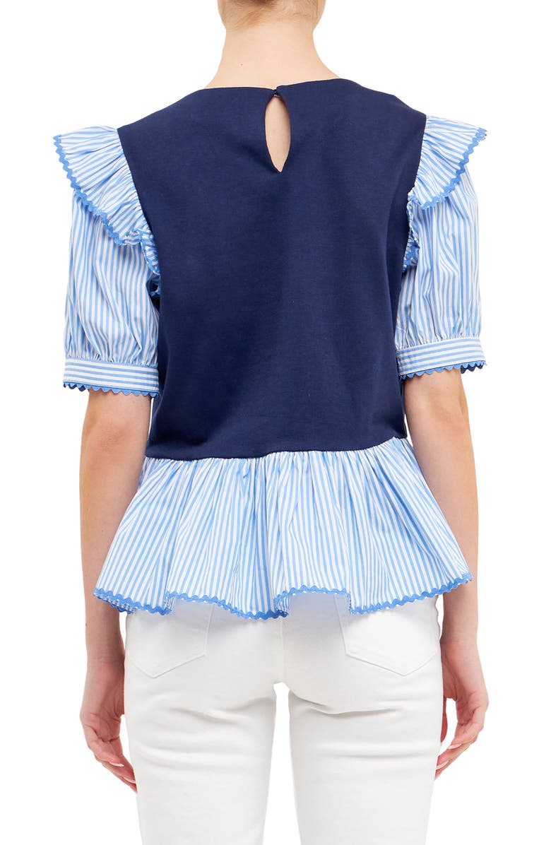 English Factory Mix Media Peplum Top, Alternate, color, Navy/ Blue Stripe