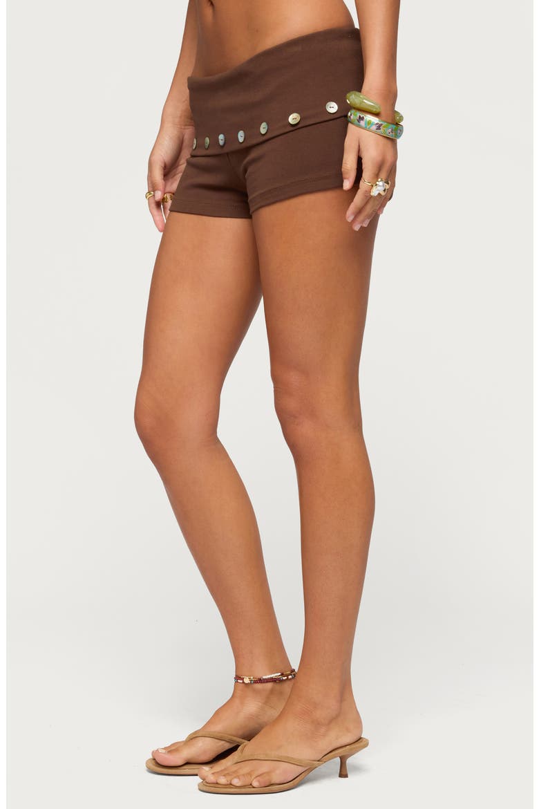 Masha Iridescent Button Low Rise Foldover Shorts, Alternate, color, BROWN