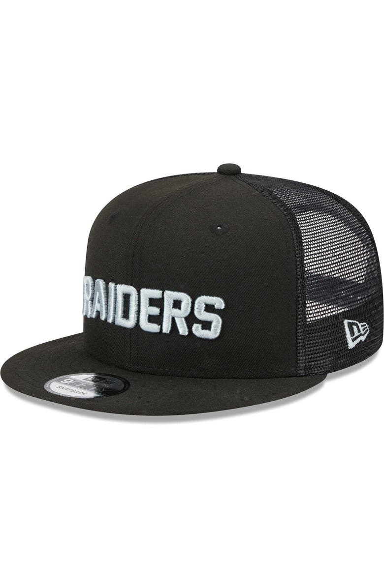 New Era Men's New Era Black Las Vegas Raiders Stacked Trucker 9FIFTY Snapback Hat, Alternate, color,