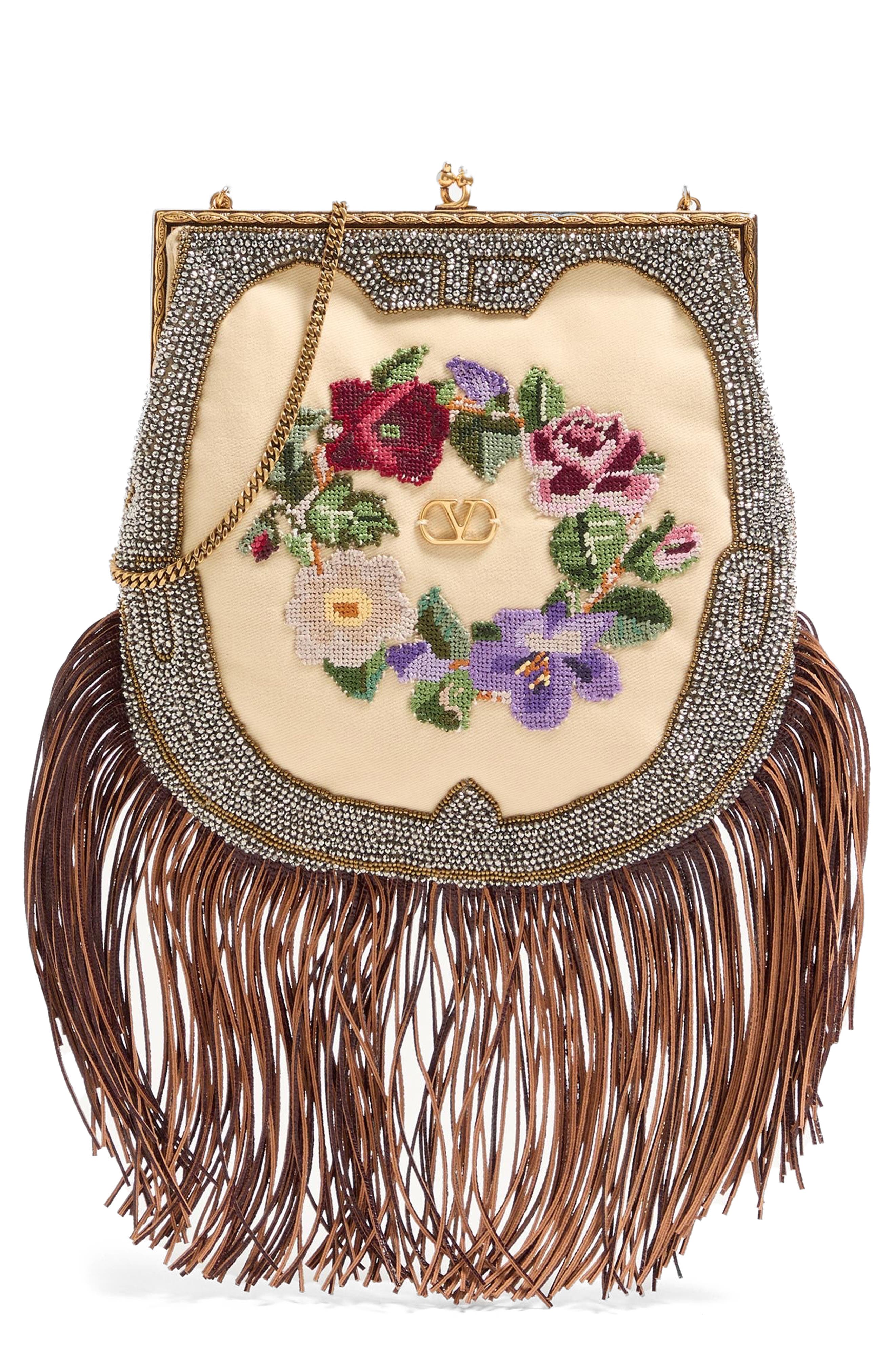 Valentino Garavani Fringe Minaudière Handbag, Main, color, Natural/ Multi/ Maple