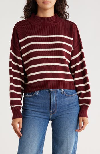 Blu Pepper Stripe Mock Neck Crop Sweater In Burgundy
