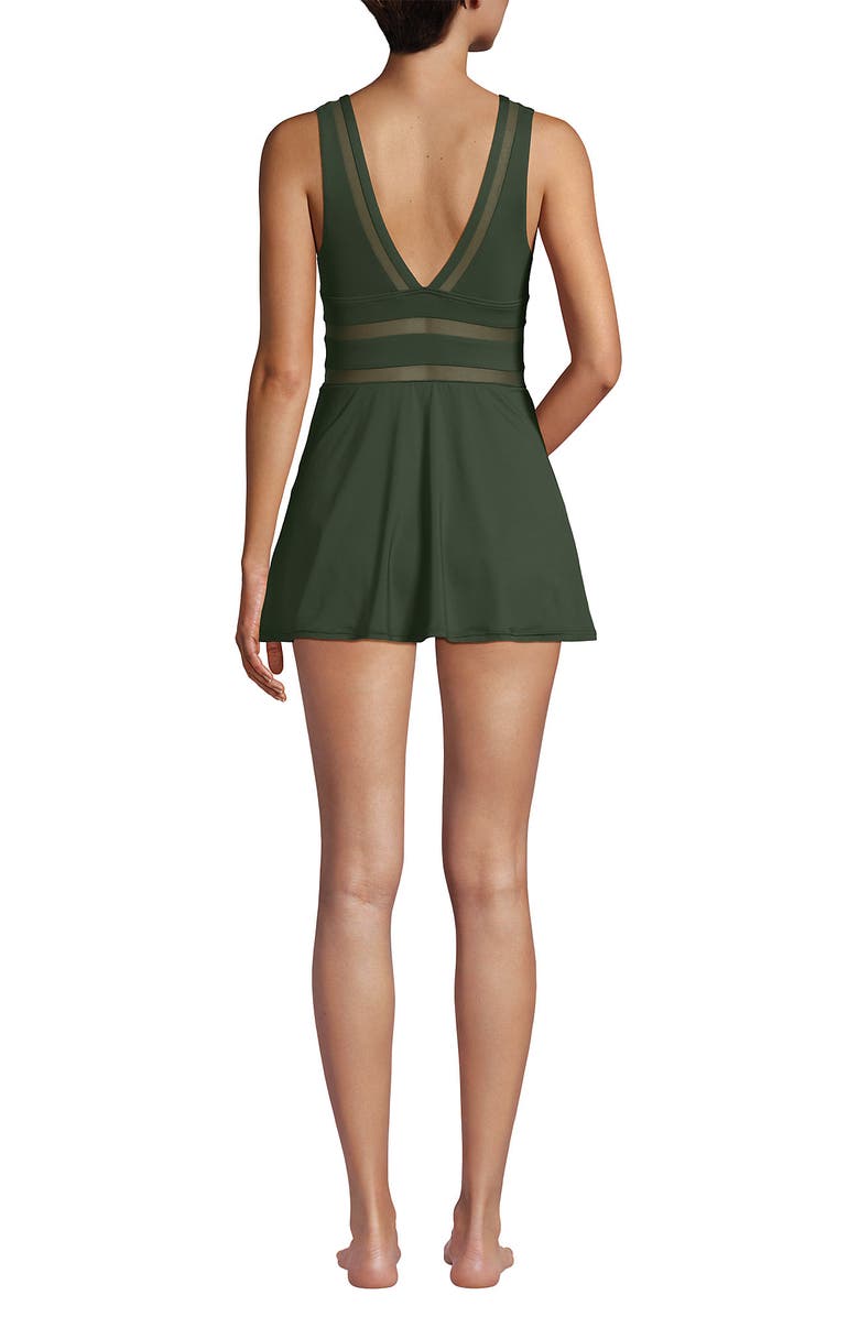 Lands' End Mesh V-neck Mini Swim Dress Swimsuit, Alternate, color, Rich Olive Green