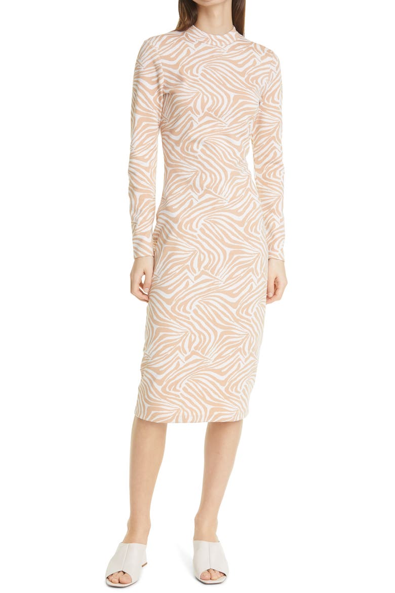 Zebra Print Long Sleeve Midi Dress, Main, color, CAMEL