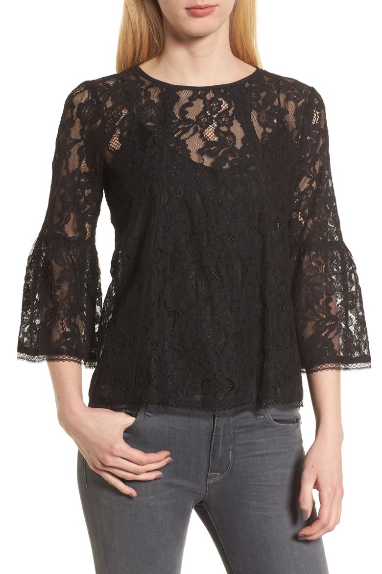 Bell Sleeve Lace Top, Main, color, BLACK