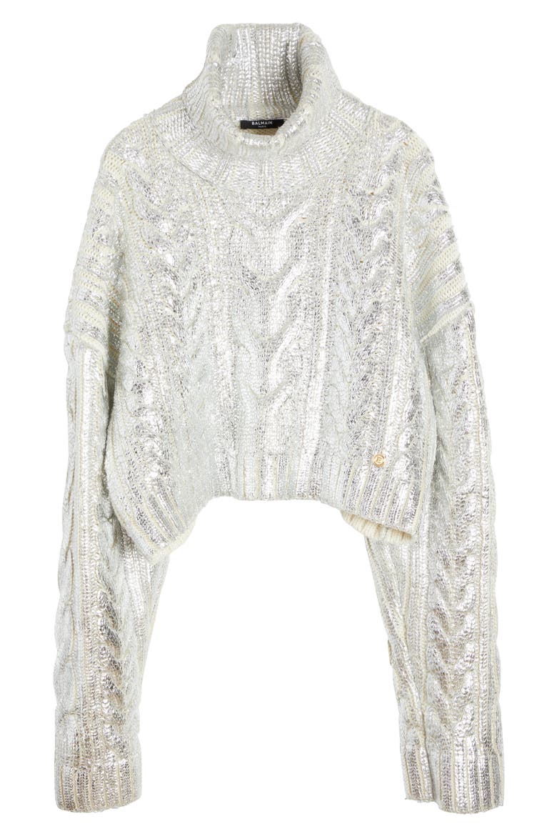Metallic Cable Knit Crop Virgin Wool Blend Turtleneck Sweater, Alternate, color, GAC BLANC/ ARGENT