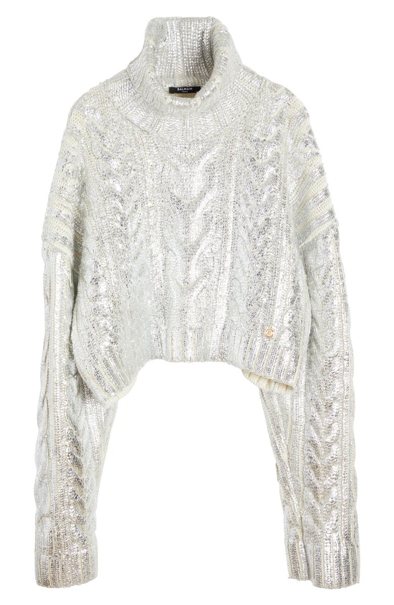Balmain Metallic Cable Knit Crop Virgin Wool Blend Turtleneck Sweater, Alternate, color, 