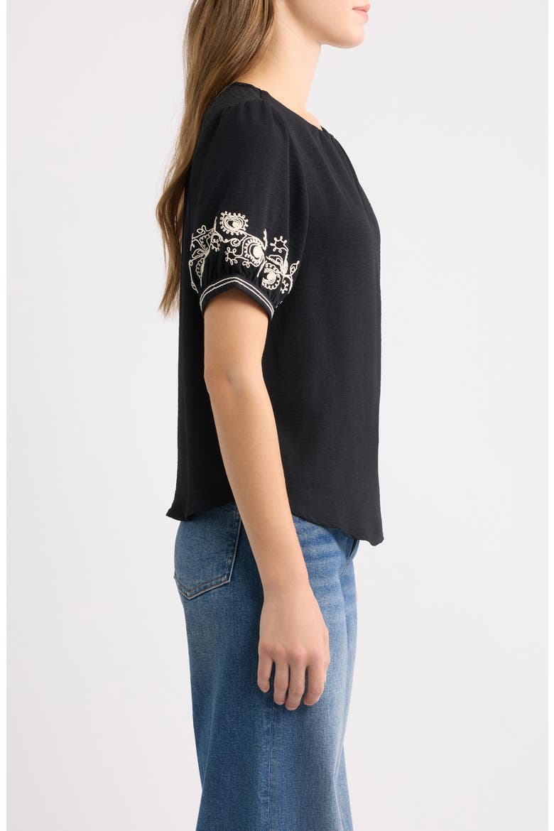Embroidered Sleeve Peasant Top, Alternate, color, BLACK/ CREAM