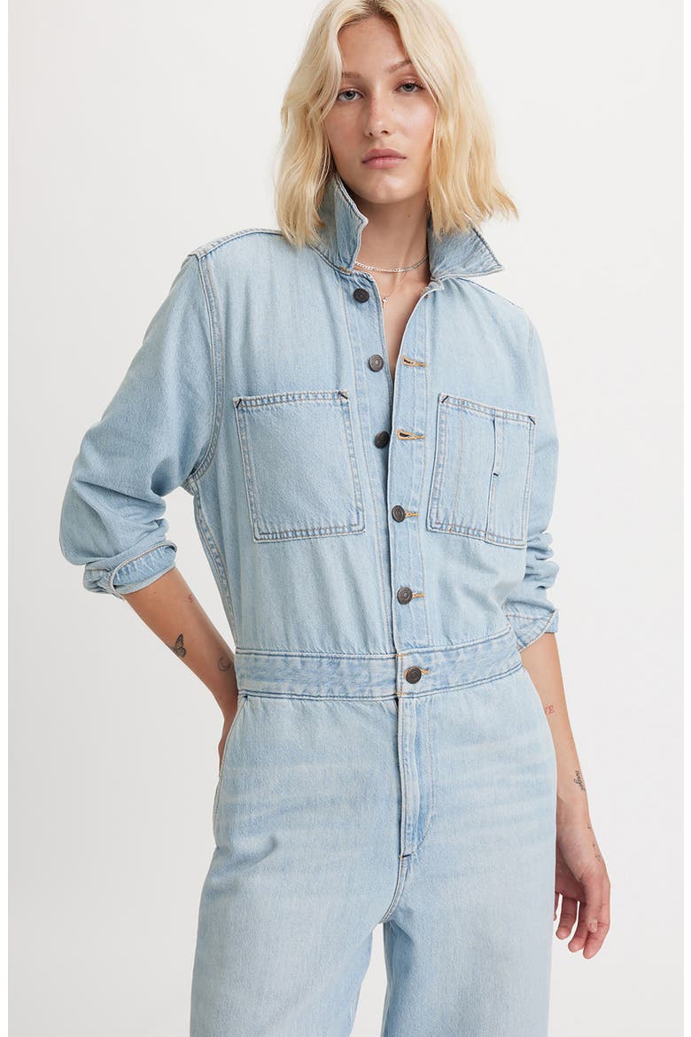 Iconic Long Sleeve Denim Wide Leg Jumpsuit, Alternate, color, ANTIGONE STRIPE CHALK PINK