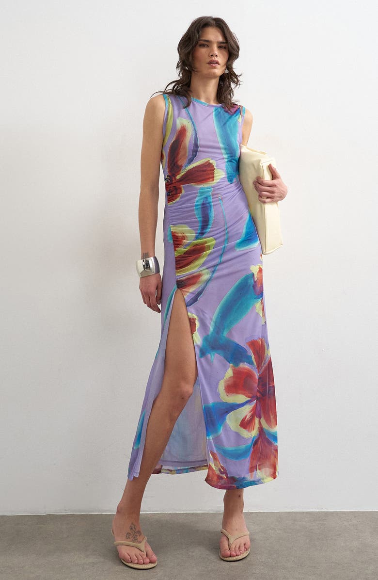 Topshop Floral Side Slit Mesh Midi Dress, Main, color,