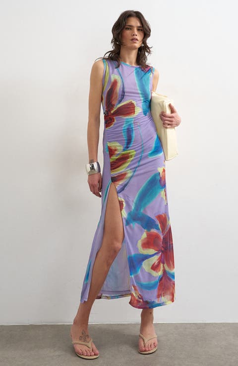Floral Side Slit Mesh Midi Dress
