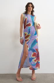 Topshop Floral Side Slit Mesh Midi Dress