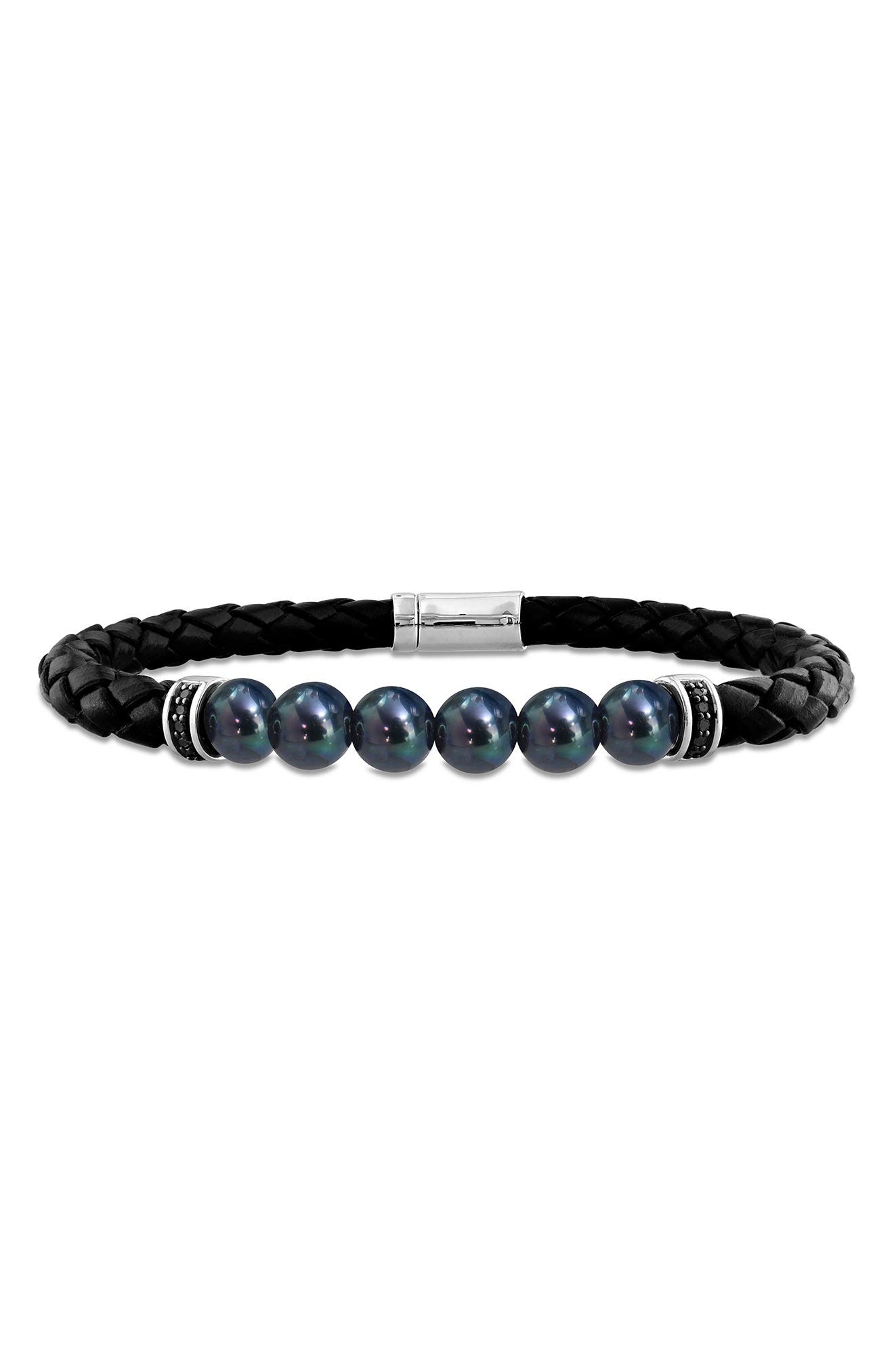 DELMAR Men's Black Cultured Freshwater Pearl Diamond Braided Leather Bracelet - 0.26ct.