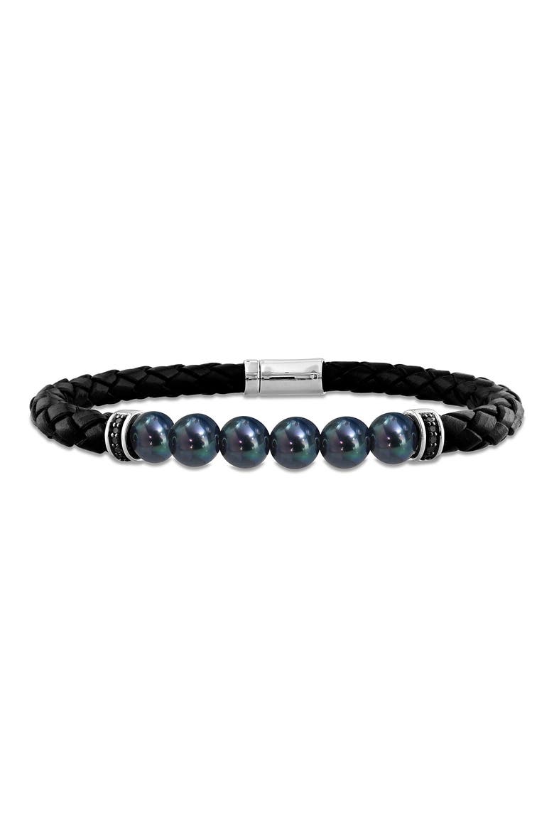 Men's Black Cultured Freshwater Pearl Diamond Braided Leather Bracelet - 0.26ct., Main, color, BLACK