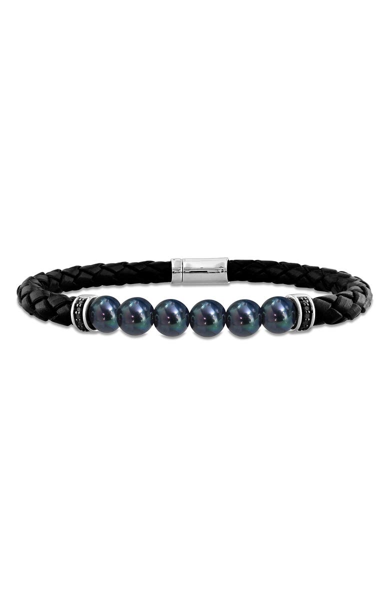 DELMAR Men's Black Cultured Freshwater Pearl Diamond Braided Leather Bracelet - 0.26ct., Main, color, Black