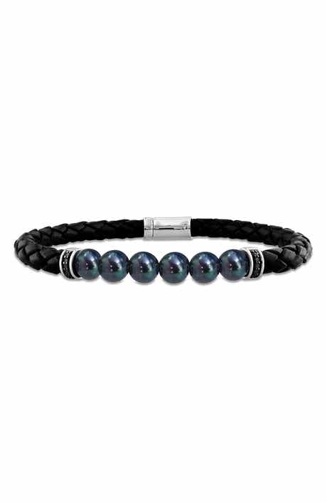 DELMAR Men's Black Cultured Freshwater Pearl Diamond Braided Leather Bracelet - 0.26ct.