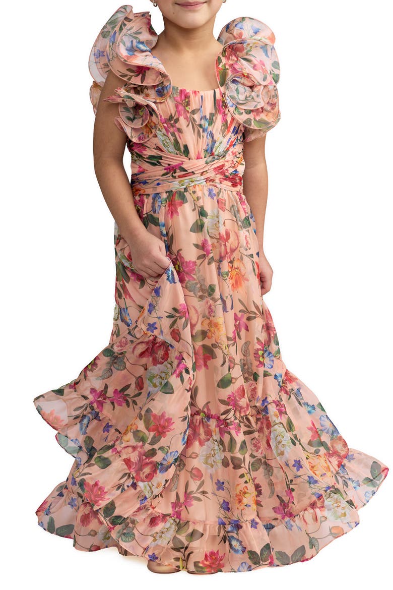 Girls Chiffon Ruffled Shoulder Dress, Main, color, Pink Multi