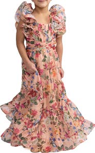 Mac Duggal Girls Chiffon Ruffled Shoulder Dress