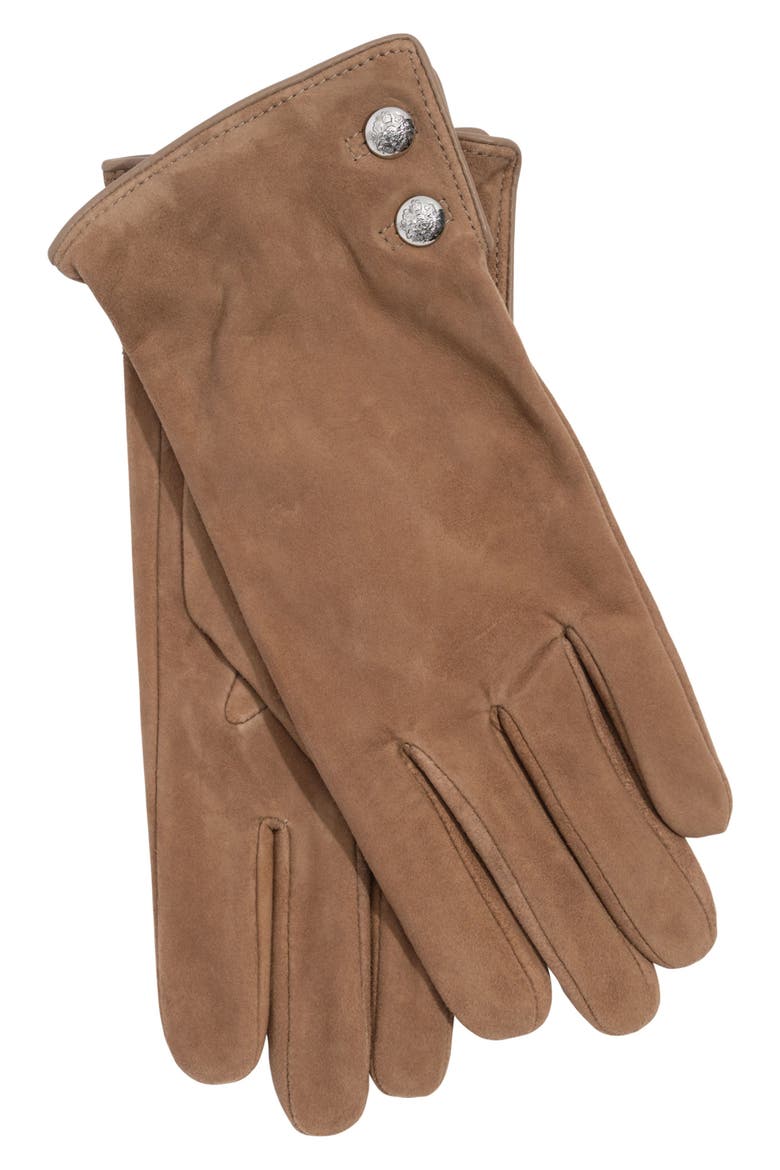 Crest Button Suede Gloves, Alternate, color, TAUPE