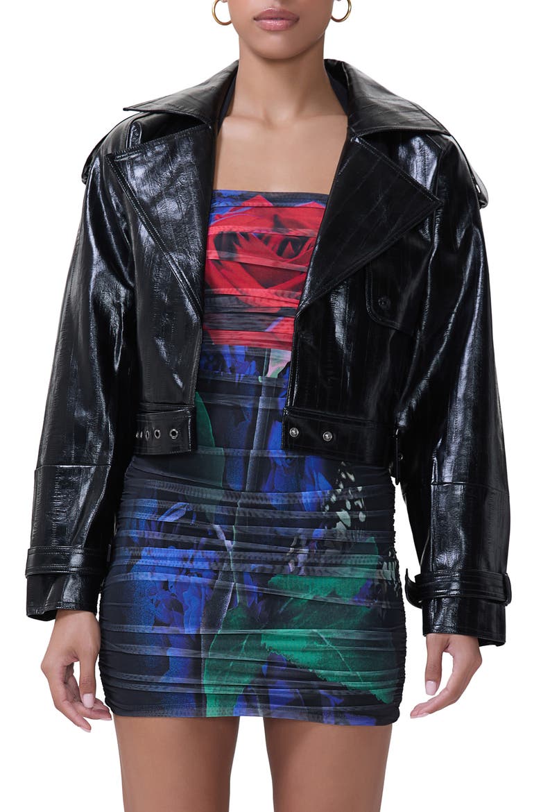 Mercer Snake Embossed Faux Leather Moto Jacket, Main, color, BLACK EEL
