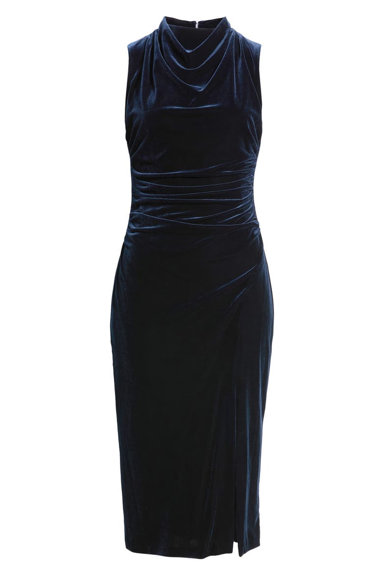 High Cowl Neck Ruched Velvet Sheath Midi Dress, Alternate, color, NAVY