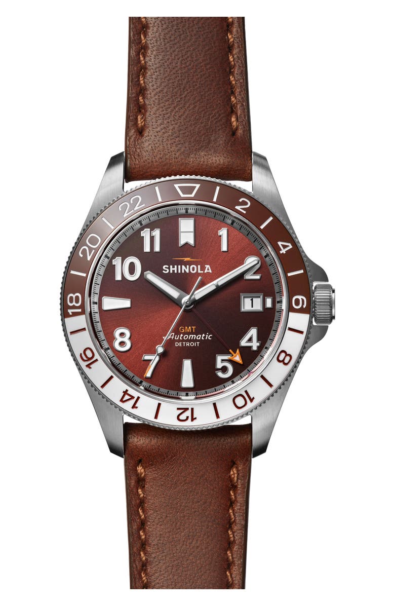 Shinola Monster GMT Automatic Watch, 40mm, Alternate, color, Whiskey Brown
