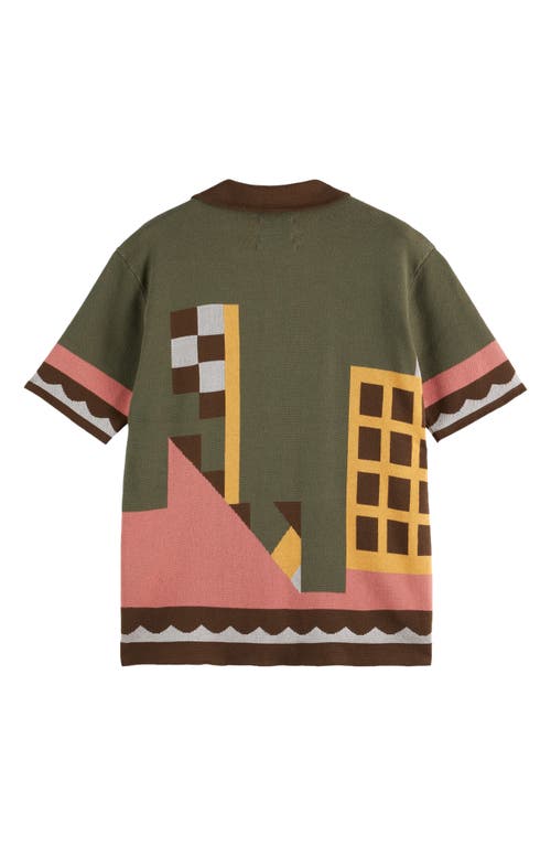 Scotch & Soda Oversize Geo Jacquard Knit Cotton Blend Camp Shirt In Green