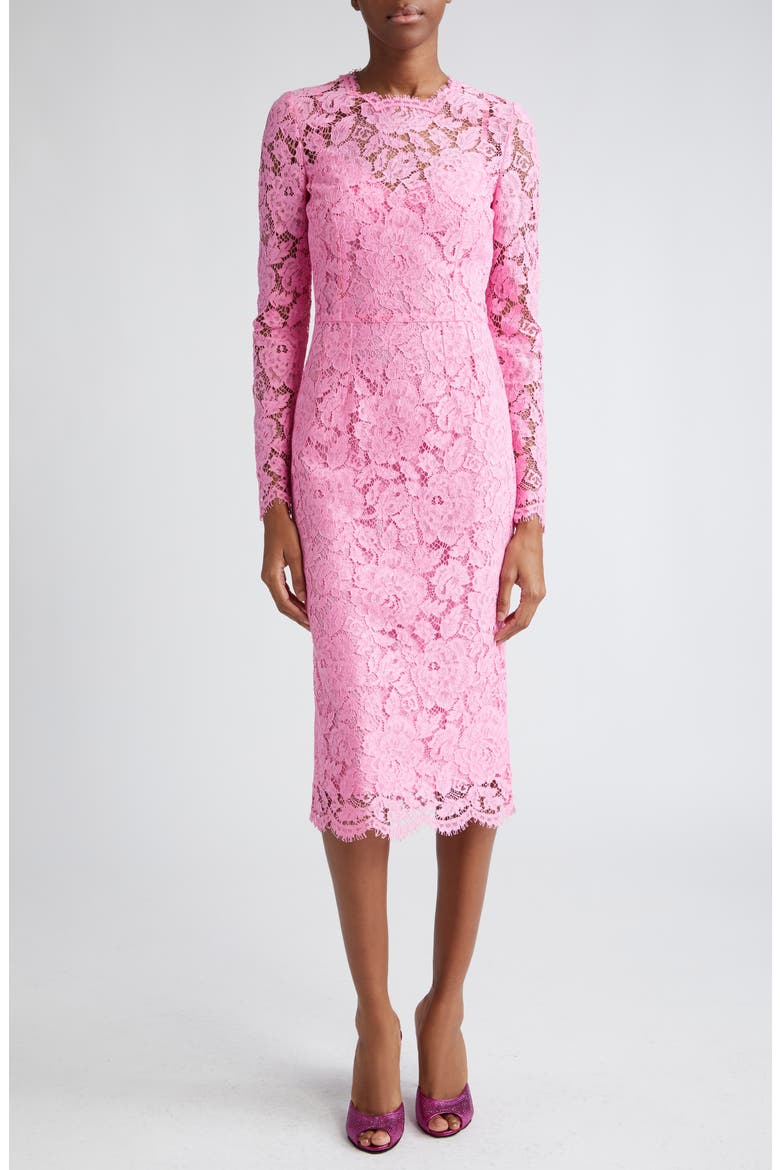 Long Sleeve Cordonetto Lace Sheath Dress, Main, color, ROSA
