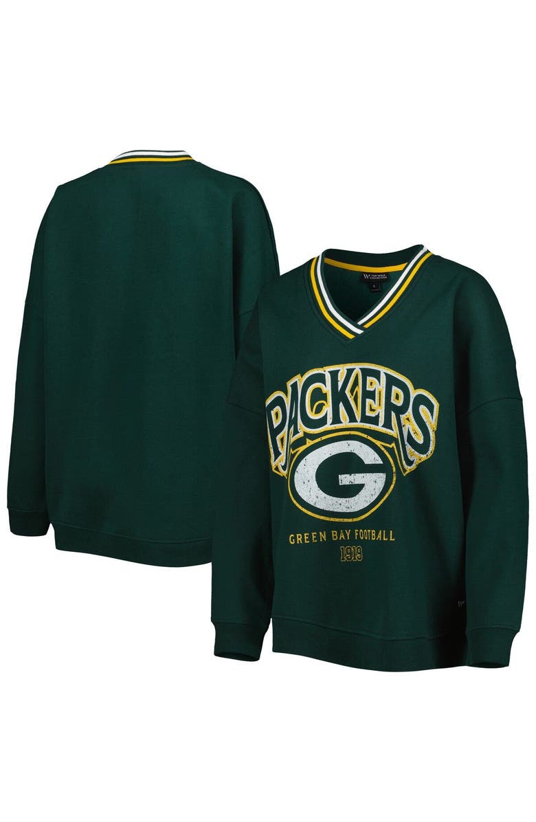 THE WILD COLLECTIVE Women's The Wild Collective Green Green Bay Packers Vintage V-Neck Pullover Sweatshirt, Alternate, color, 