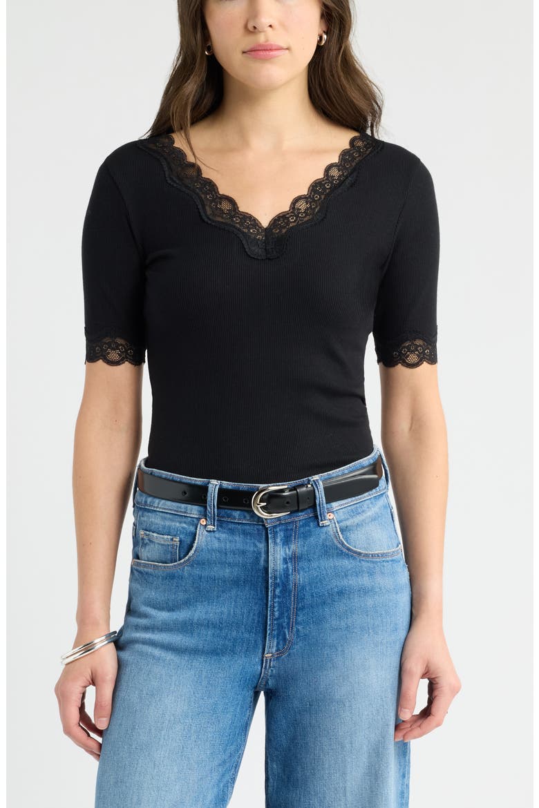 Lace Trim Knit T-Shirt, Main, color, BLACK