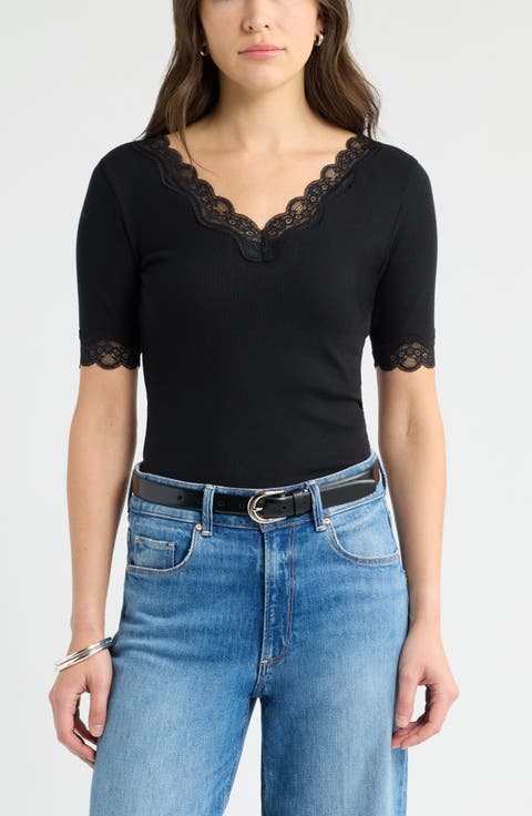 Lace Trim Knit T-Shirt