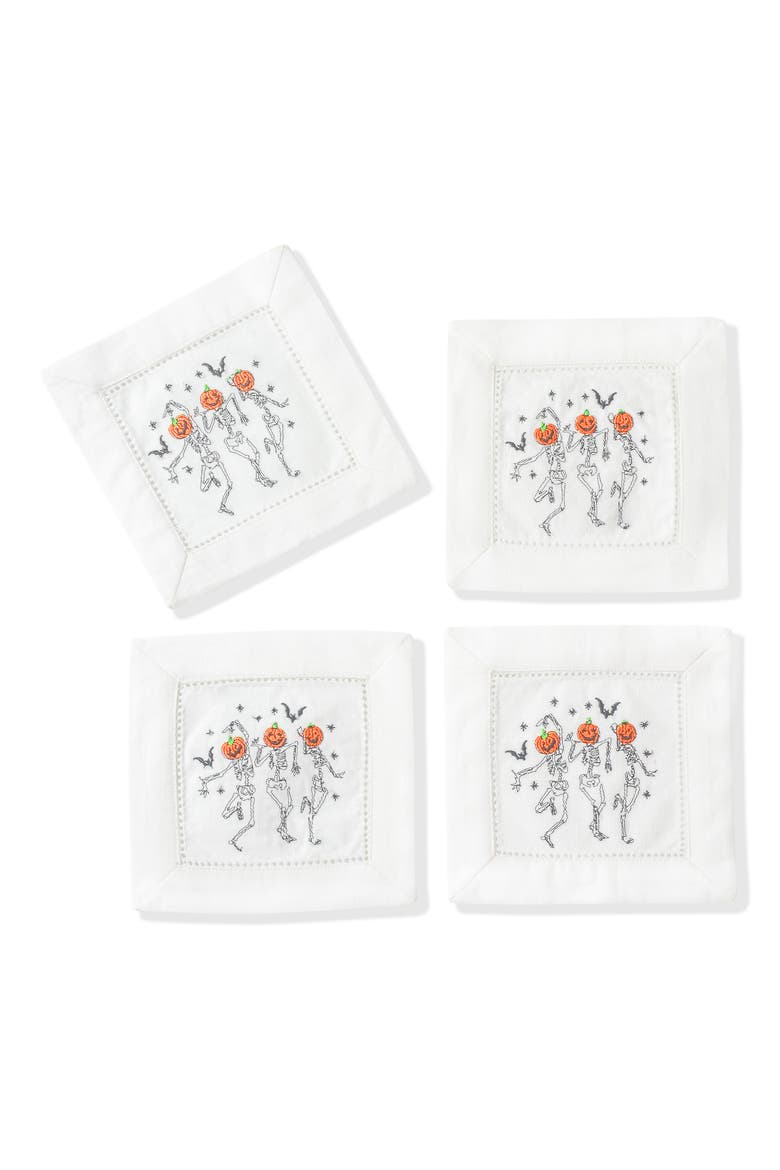 Skeleton Crew Embroidered Linen Cocktail Napkins, Main, color, WHITE/ ORANGE