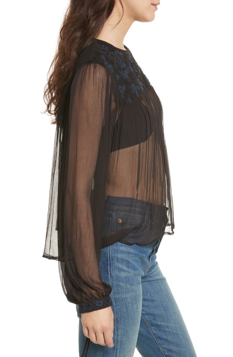 Free People Retro Sheer Blouse, Alternate, color, Black