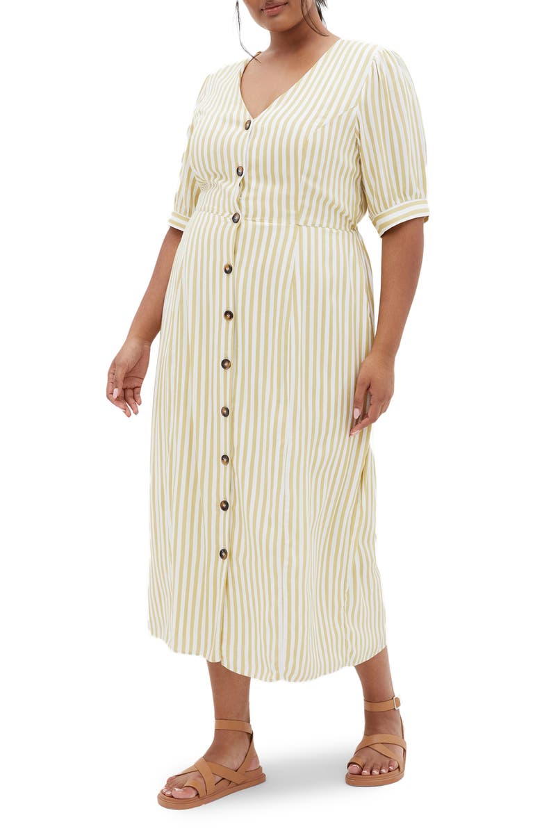 City Chic Charli Stripe Button-Up Midi Dress, Main, color, Ivory Stripe