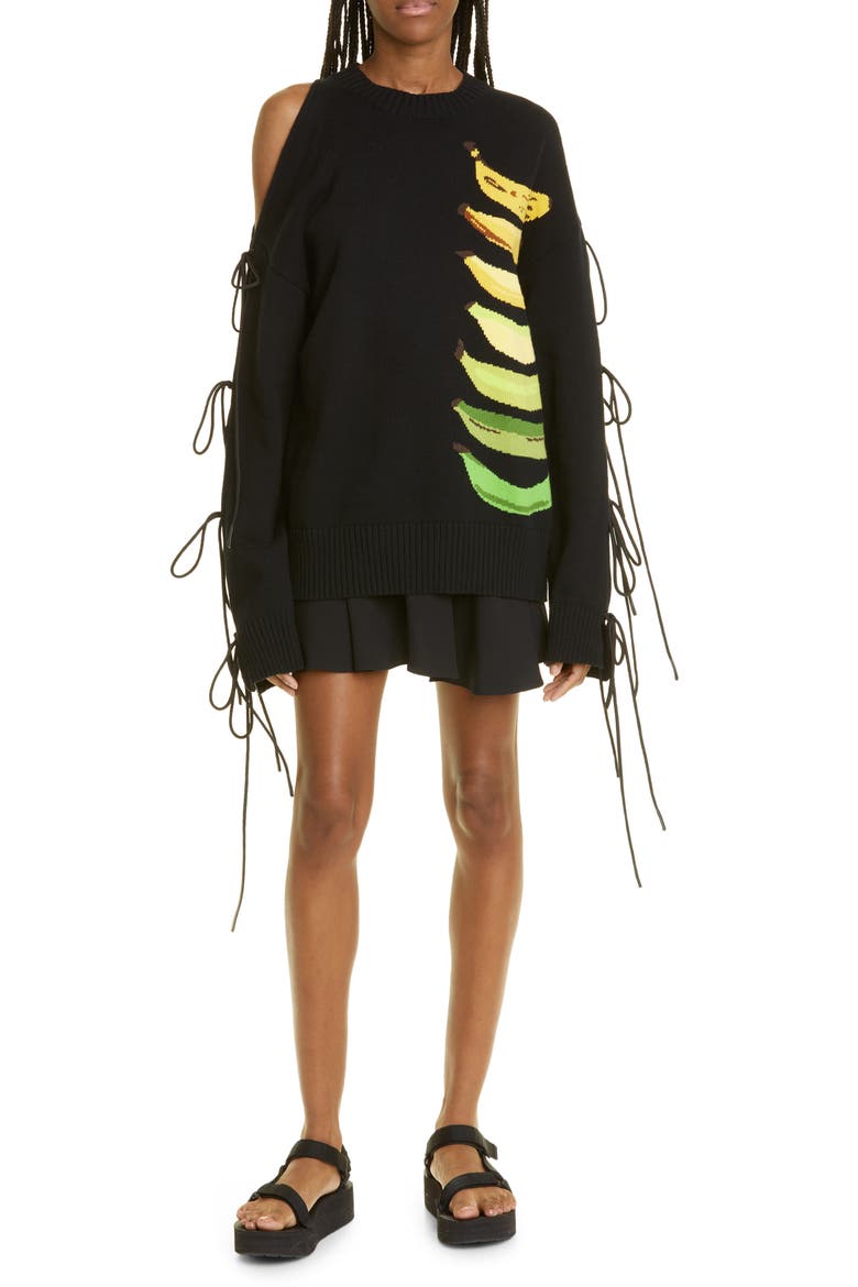 Banana Intarsia Tie Sleeve Cotton Sweater, Alternate, color, BLACK