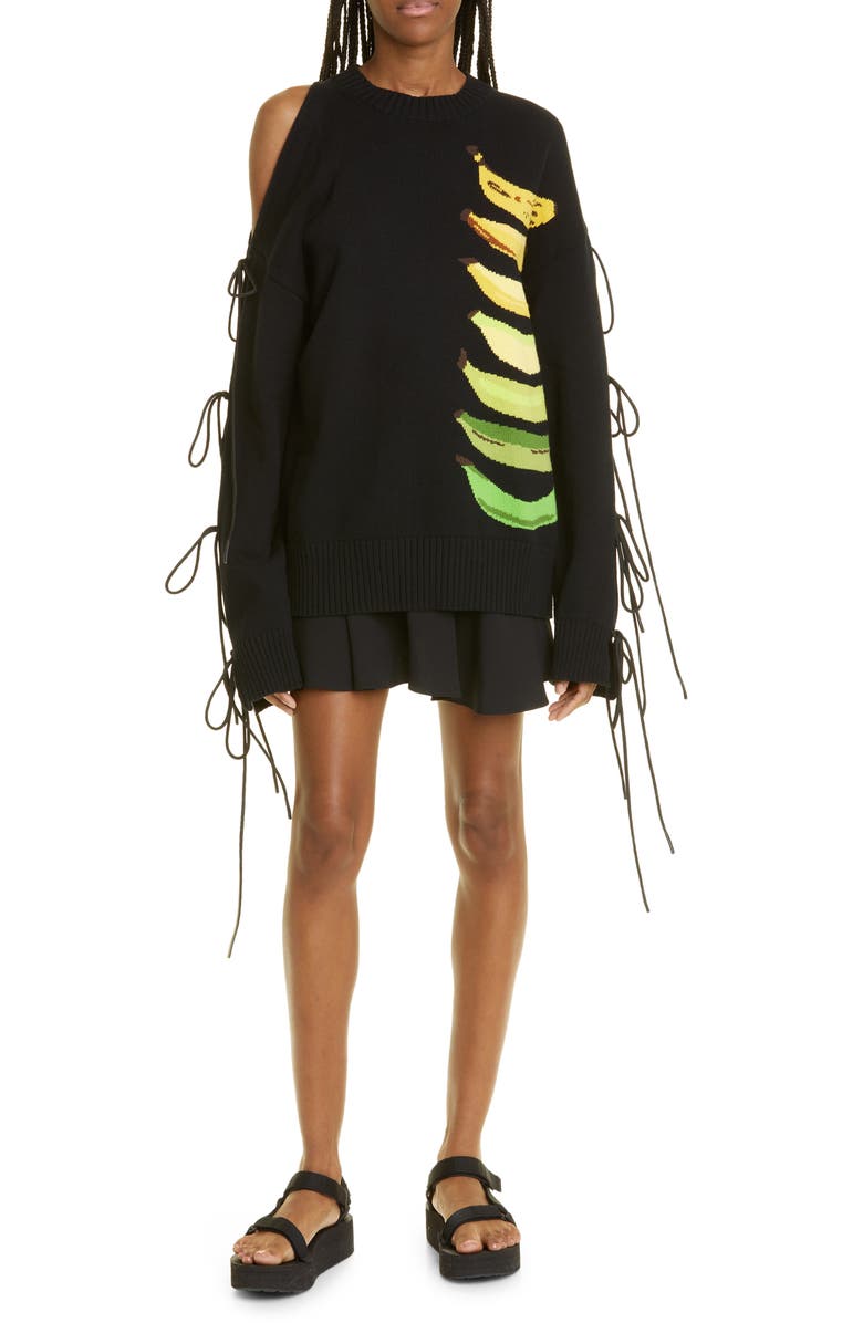 MONSE Banana Intarsia Tie Sleeve Cotton Sweater, Alternate, color,