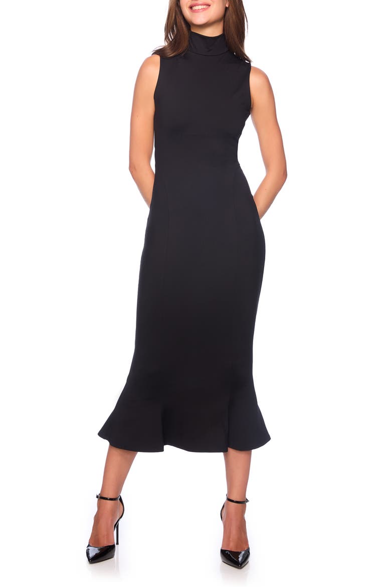 Mock Neck Trumpet Hem Midi Dress, Main, color, BLACK