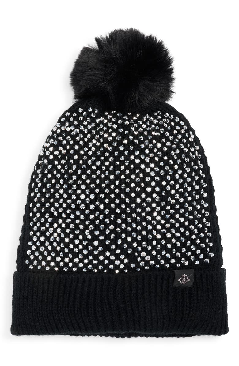 Nanette Lepore Embellished Faux Fur Pompom Beanie, Main, color, Black