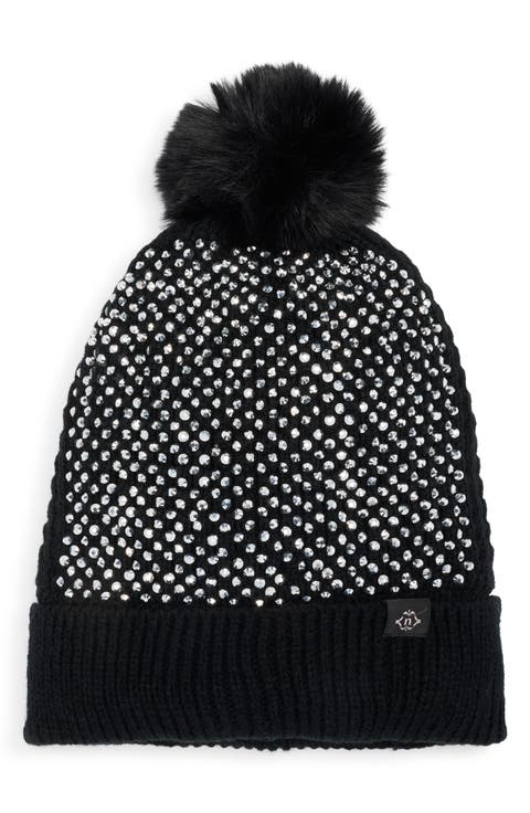 Embellished Faux Fur Pompom Beanie