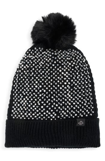 Nanette Lepore Embellished Faux Fur Pompom Beanie In Black