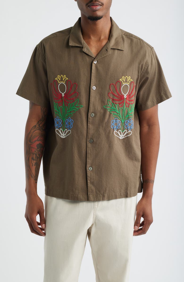 Obey Perry Floral Camp Shirt, Main, color, Canteen