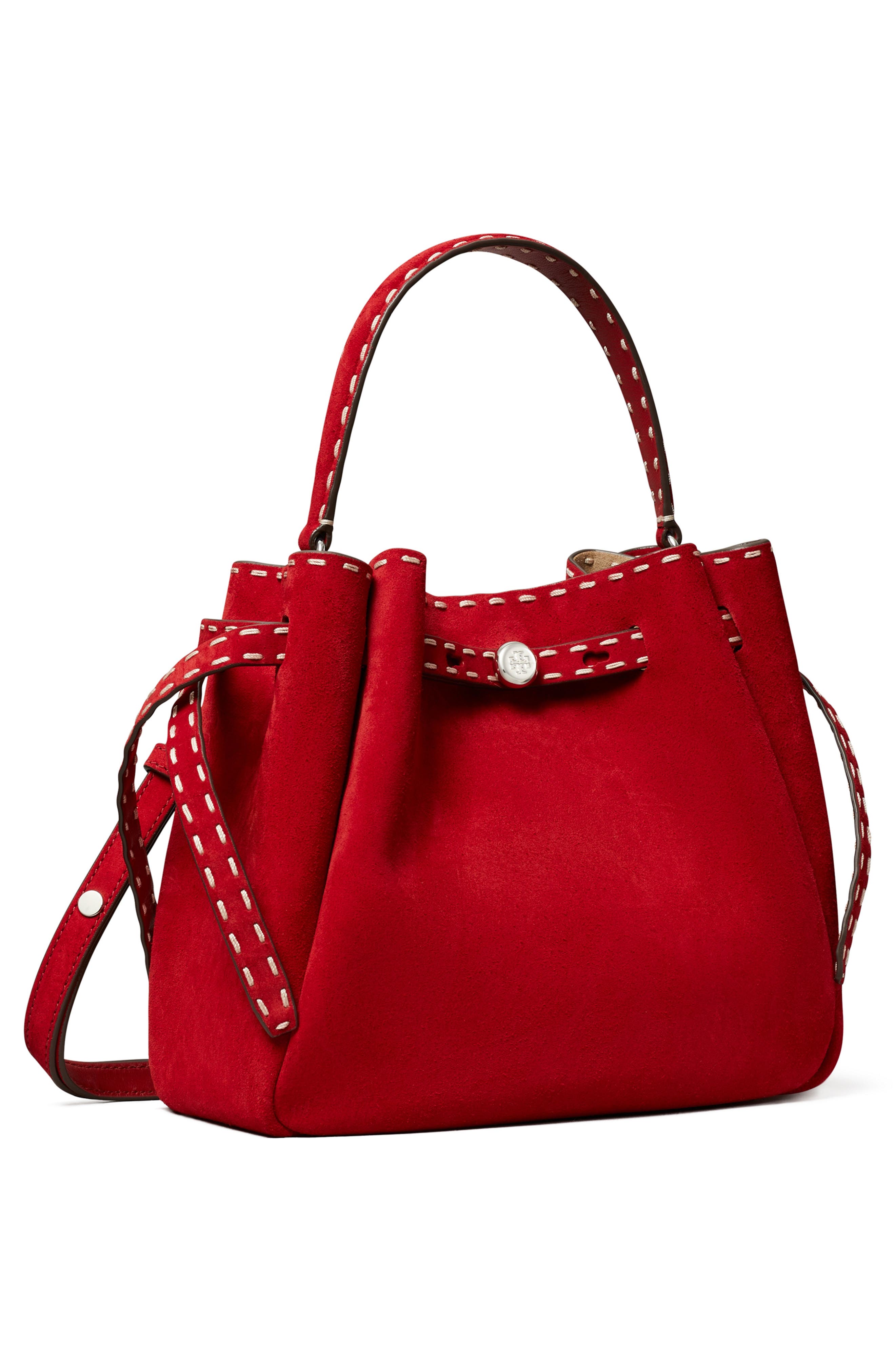 Tory Burch Romy Suede Bucket Bag, Alternate, color, Red