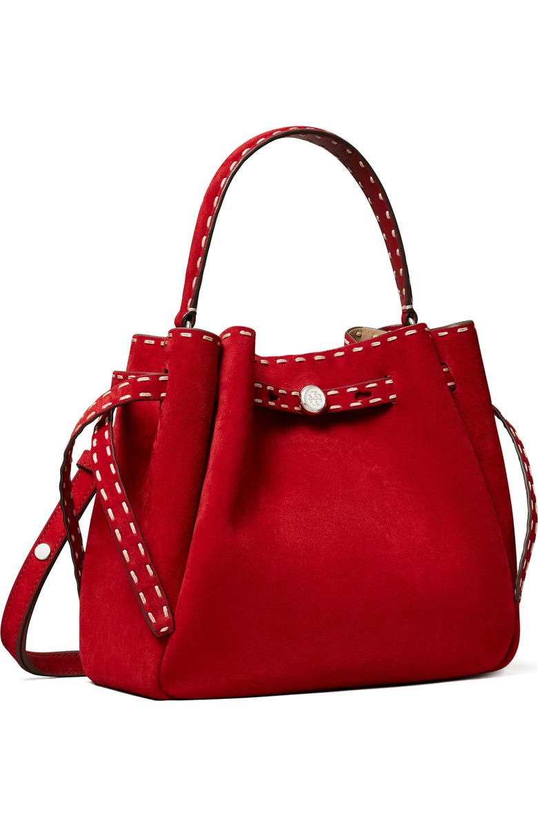 Tory Burch Romy Suede Bucket Bag, Alternate, color, Red