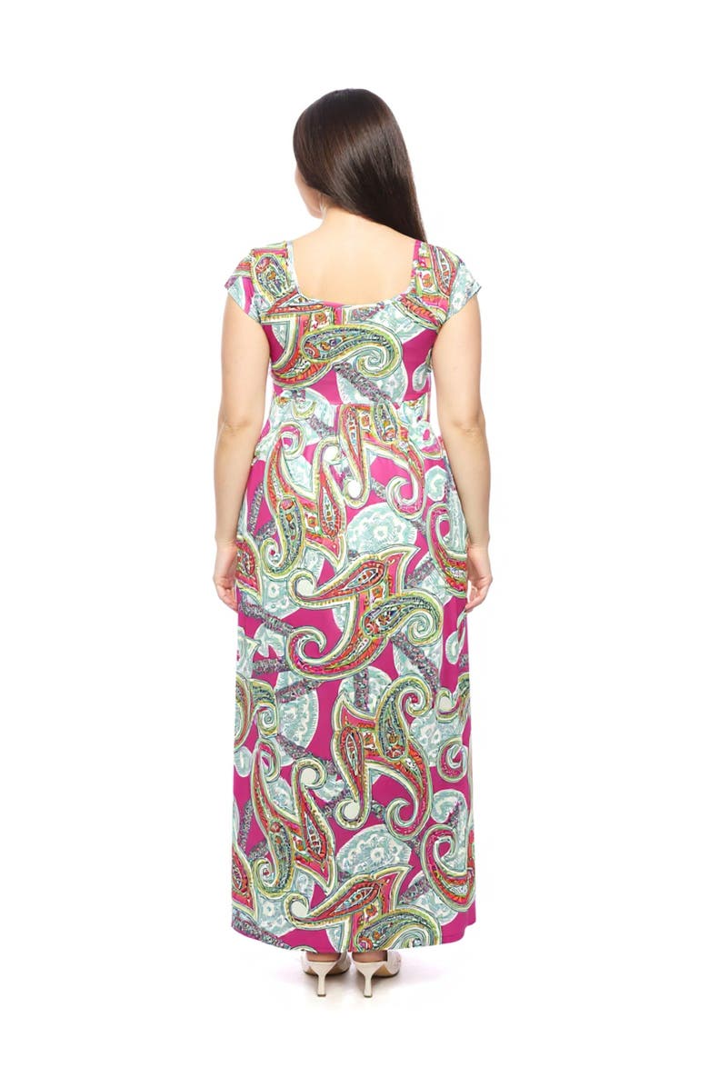 24seven Comfort Apparel Plus Size Paisley Square Neck Cap Sleeve Pleated A-Line Maxi Dress, Alternate, color, Pink Multi