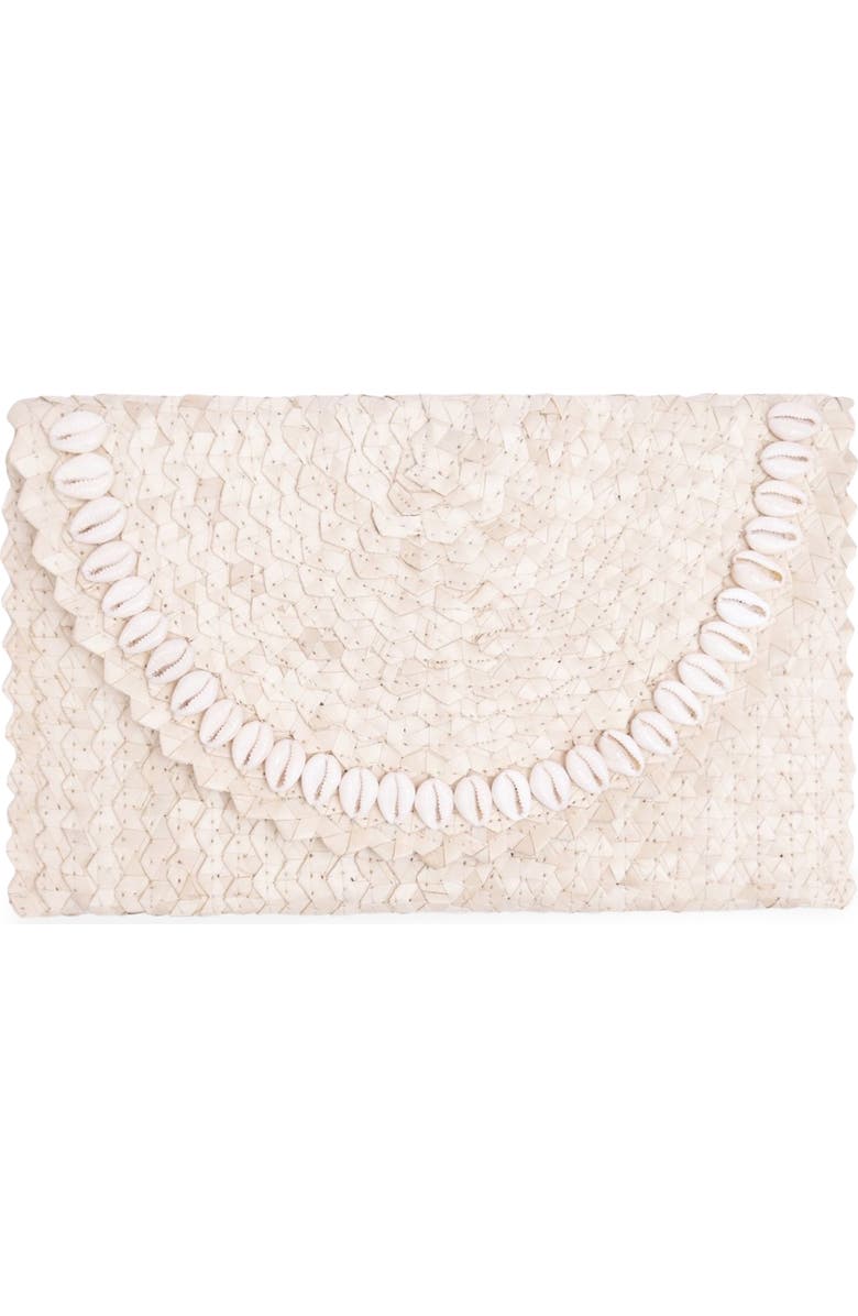 Jelavu Coco Seashell Trim Handwoven Raffia Clutch, Main, color, White